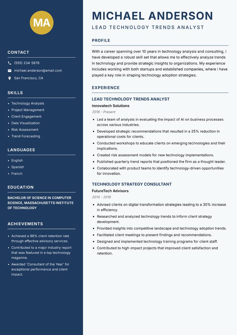 Technology Trends Analyst resume template — Classic Clean