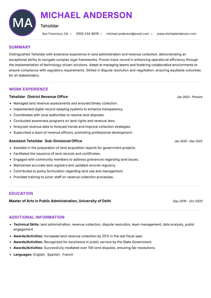 Tehsildar resume example — ATS-friendly template