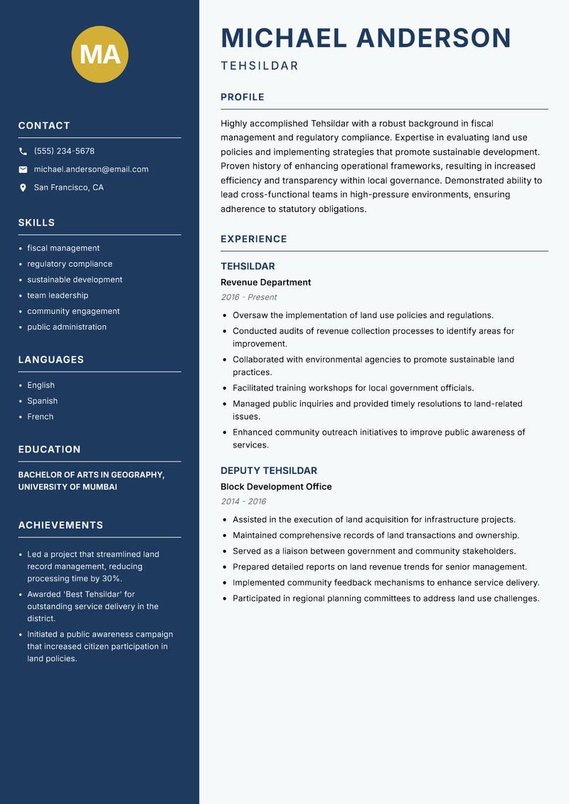 Tehsildar resume template — Classic Clean