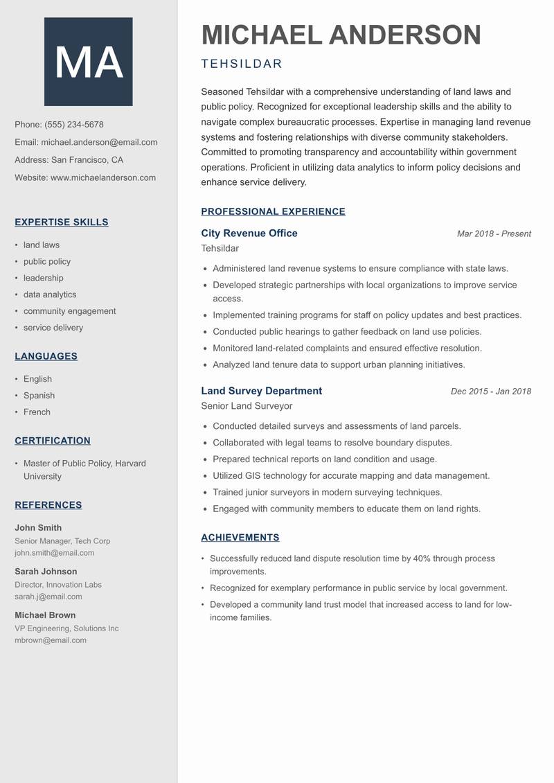 Tehsildar resume template — Creative Minimal