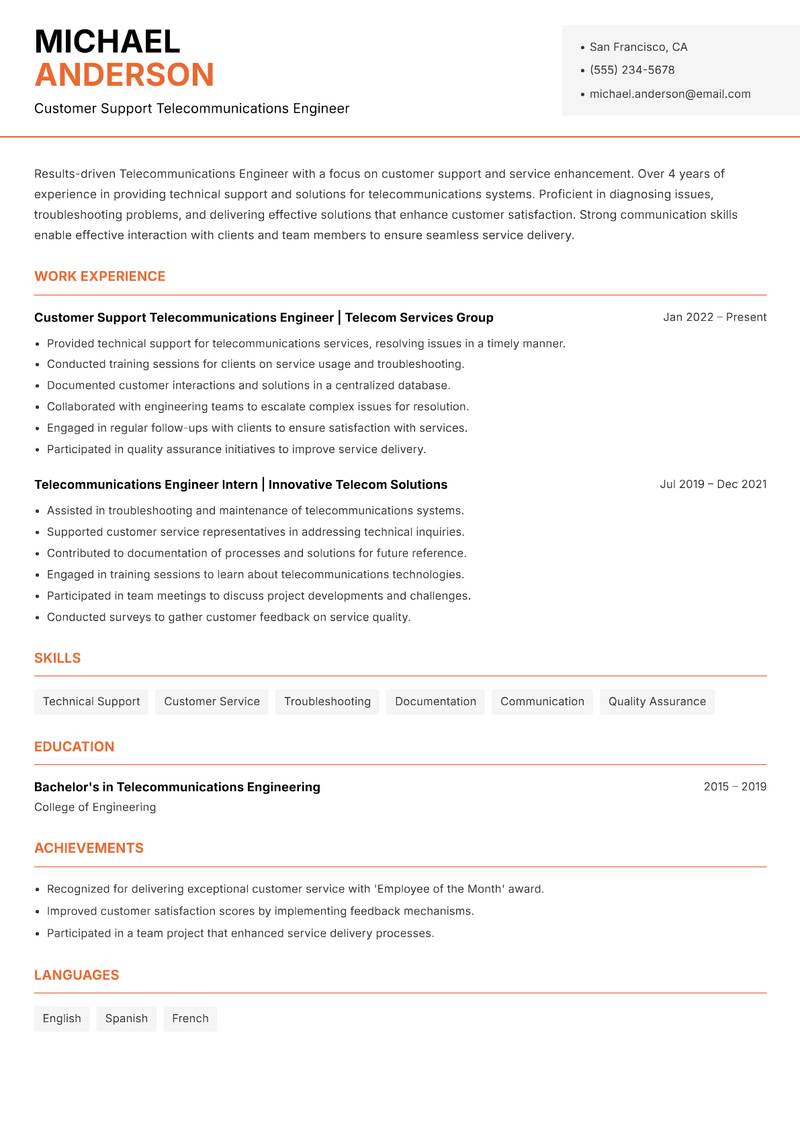 Telecommunications Engineer resume template — Modern Professional