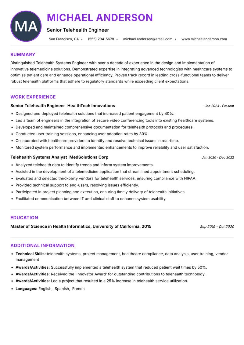 Telehealth Systems Engineer resume example — ATS-friendly template