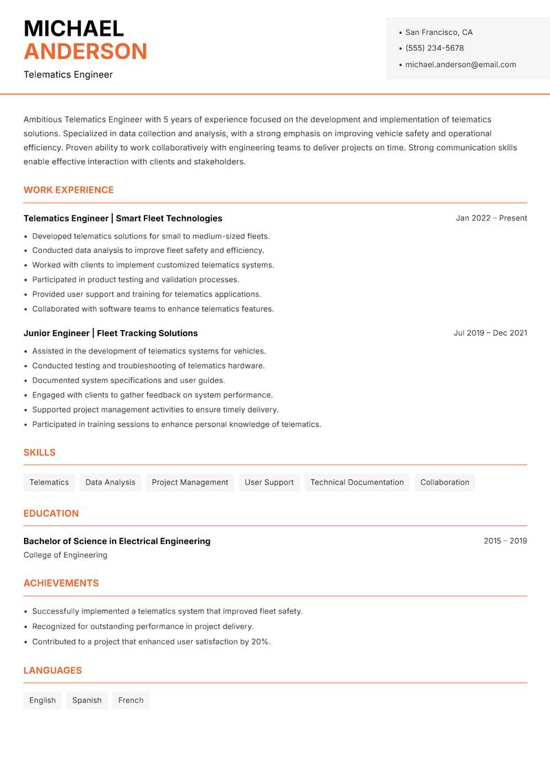 Telematics Engineer resume template — Modern Professional
