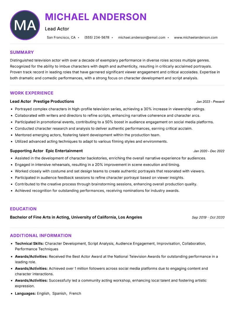 Television Actor resume example — ATS-friendly template