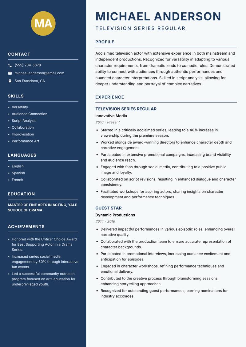 Television Actor resume template — Classic Clean