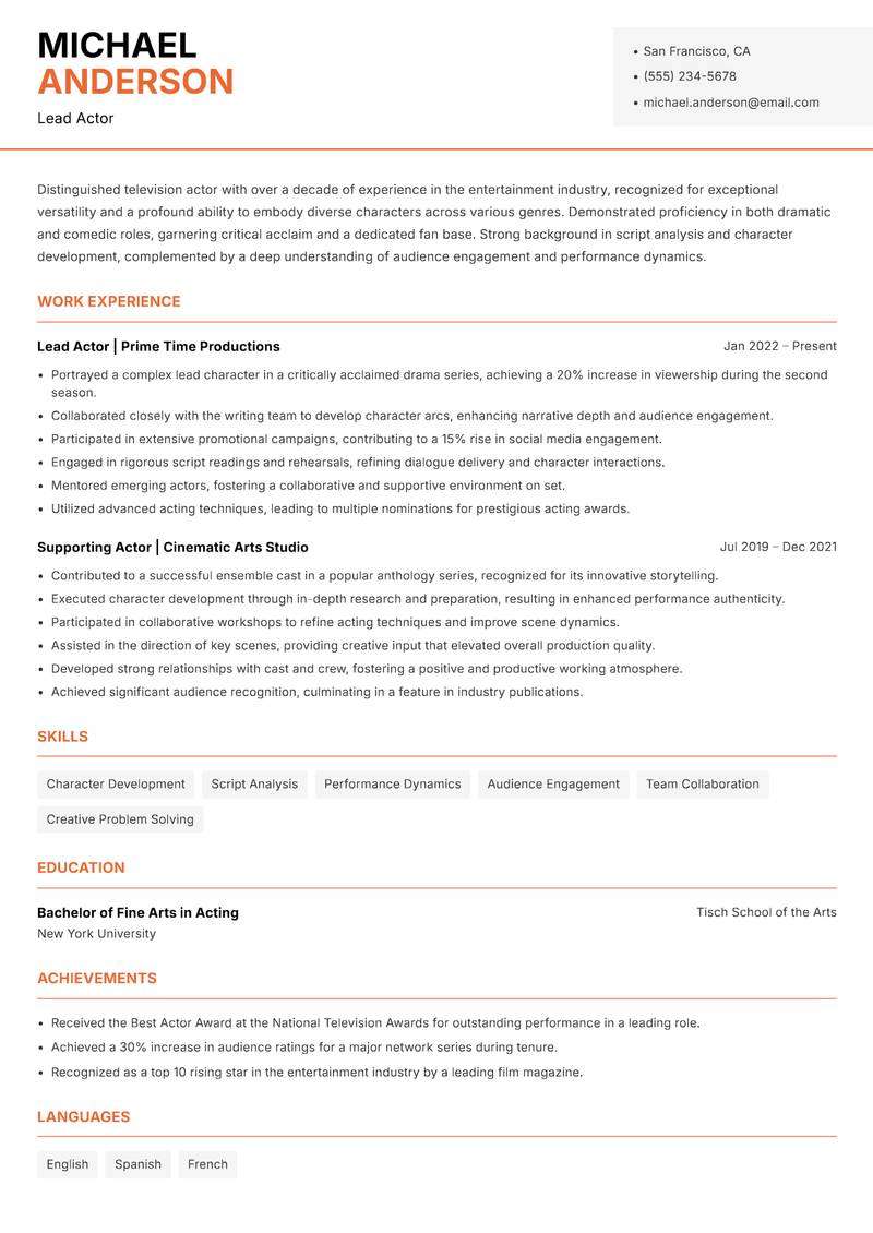 Television Actor resume template — Modern Professional
