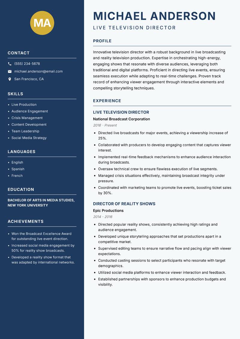 Television Director resume template — Classic Clean