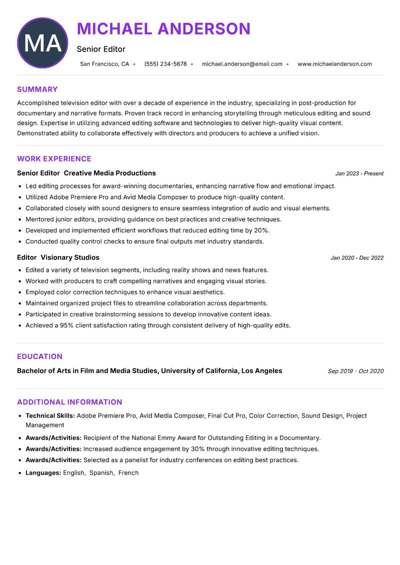 Television Editor resume example — ATS-friendly template