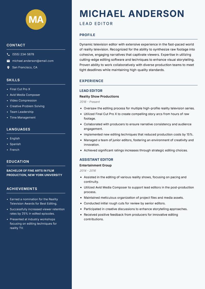 Television Editor resume template — Classic Clean
