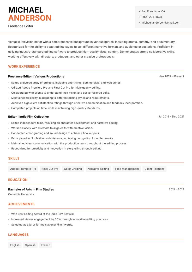 Television Editor resume template — Modern Professional