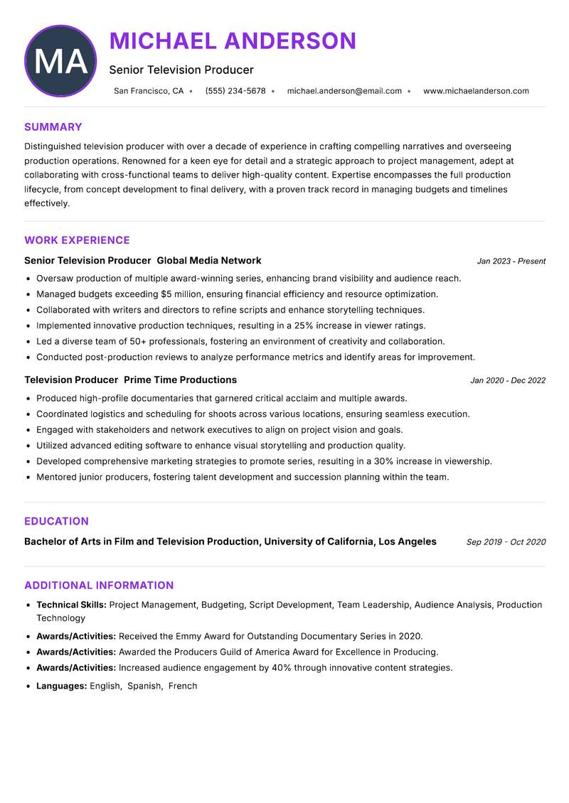 Television Producer resume example — ATS-friendly template