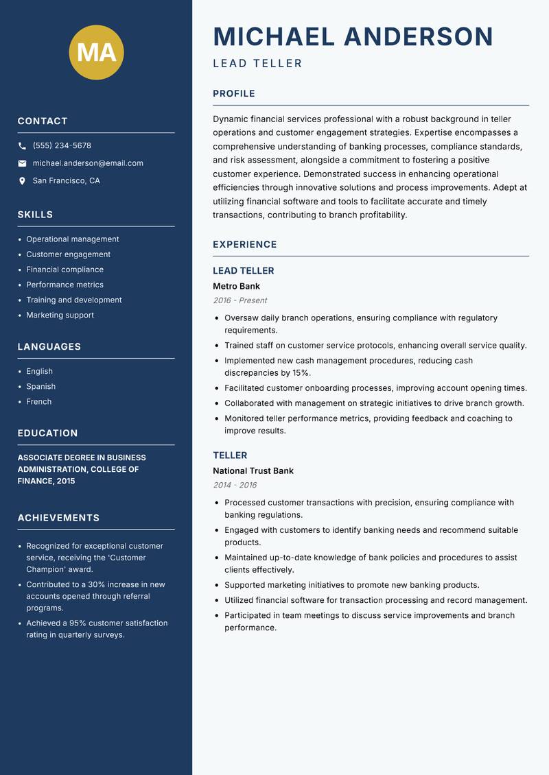Teller resume template — Classic Clean