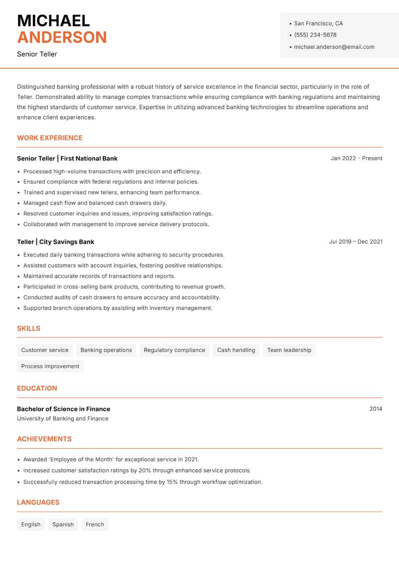 Teller resume template — Modern Professional
