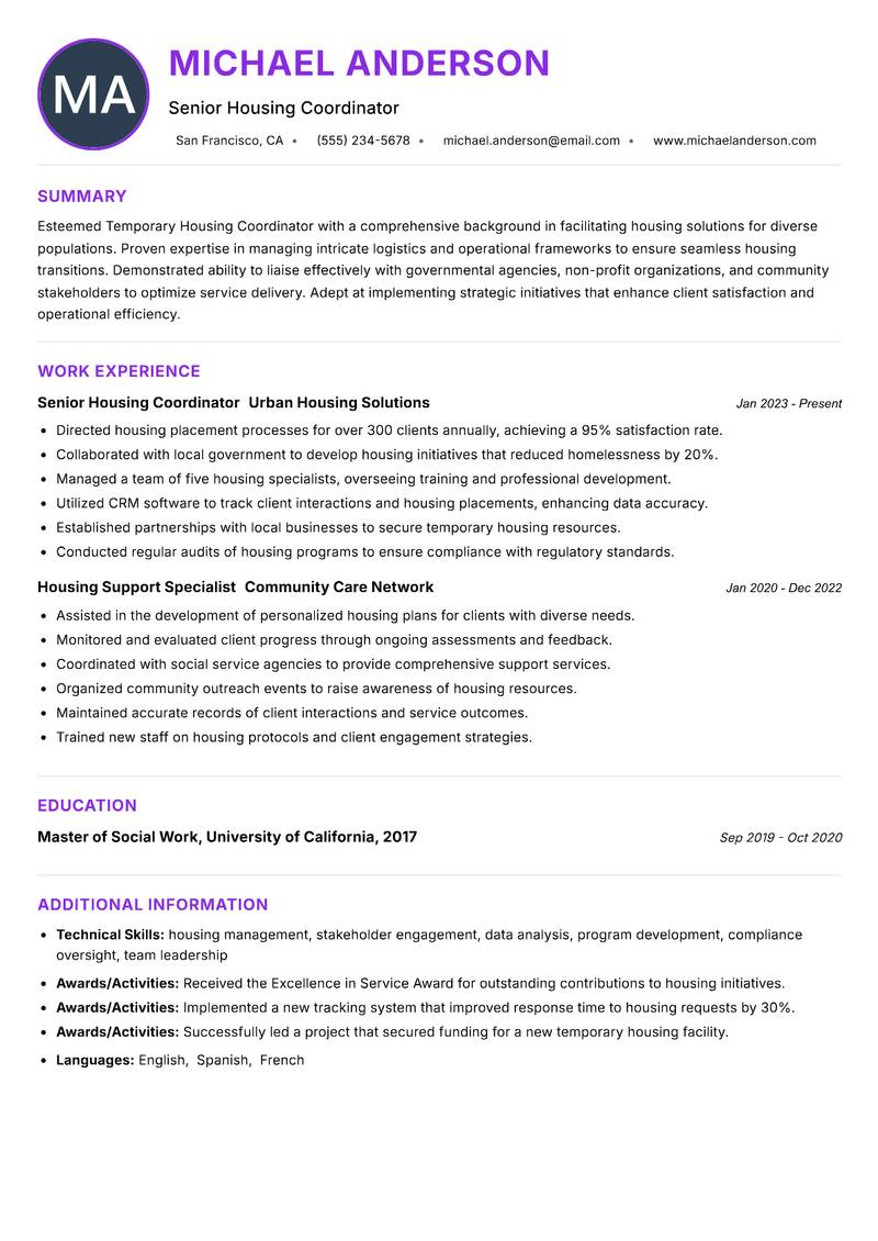 Temporary Housing Coordinator resume example — ATS-friendly template