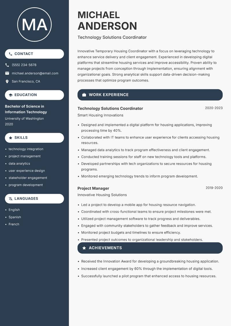 Temporary Housing Coordinator resume template — Compact