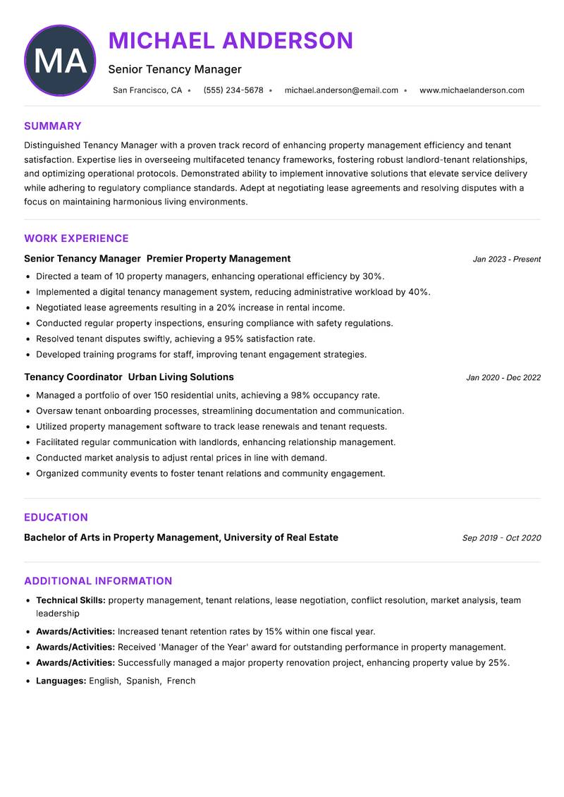 Tenancy Manager resume example — ATS-friendly template
