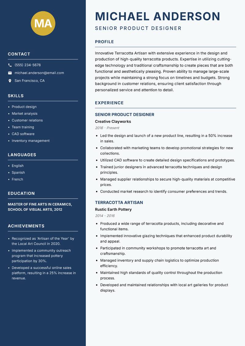 Terracotta Artisan resume template — Classic Clean