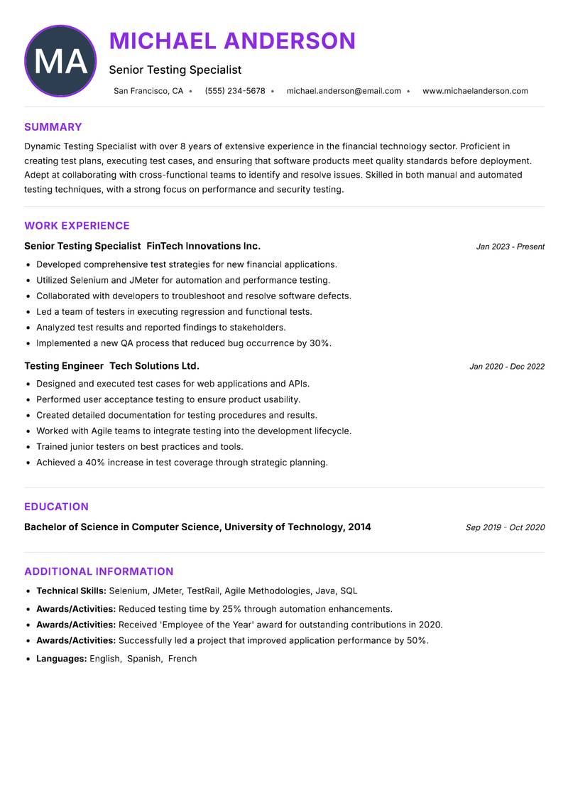 Testing Specialist resume example — ATS-friendly template