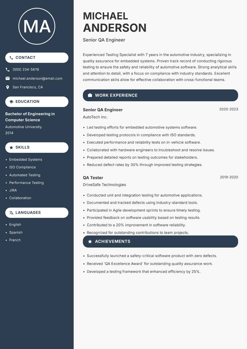 Testing Specialist resume template — Compact