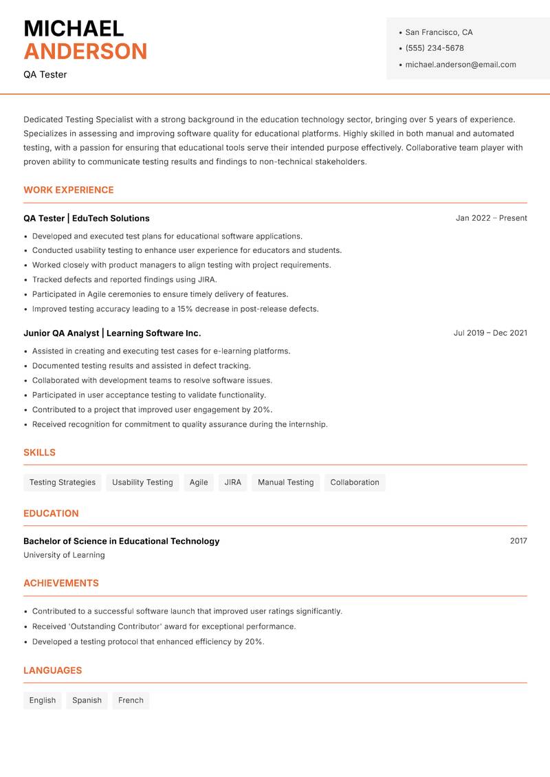 Testing Specialist resume template — Modern Professional