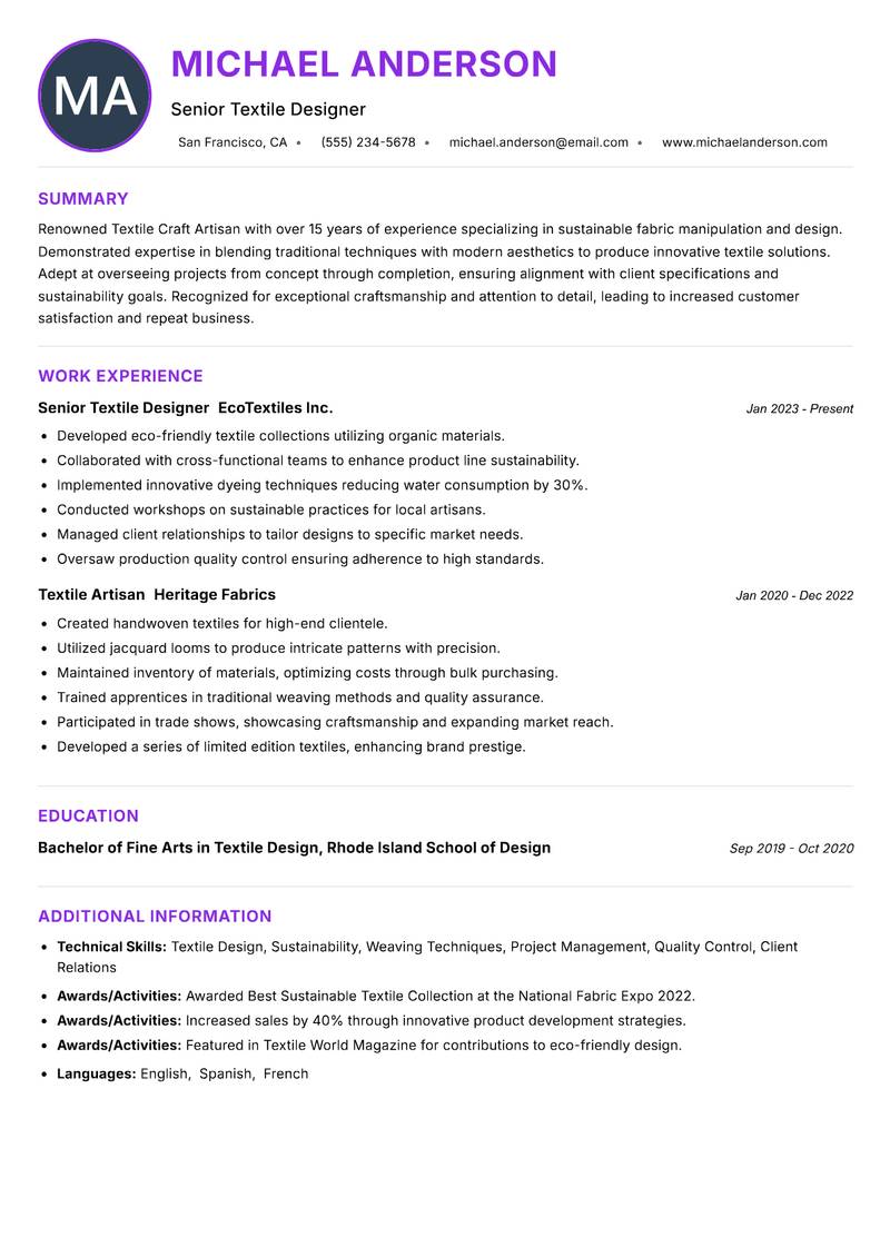 Textile Craft Artisan resume example — ATS-friendly template