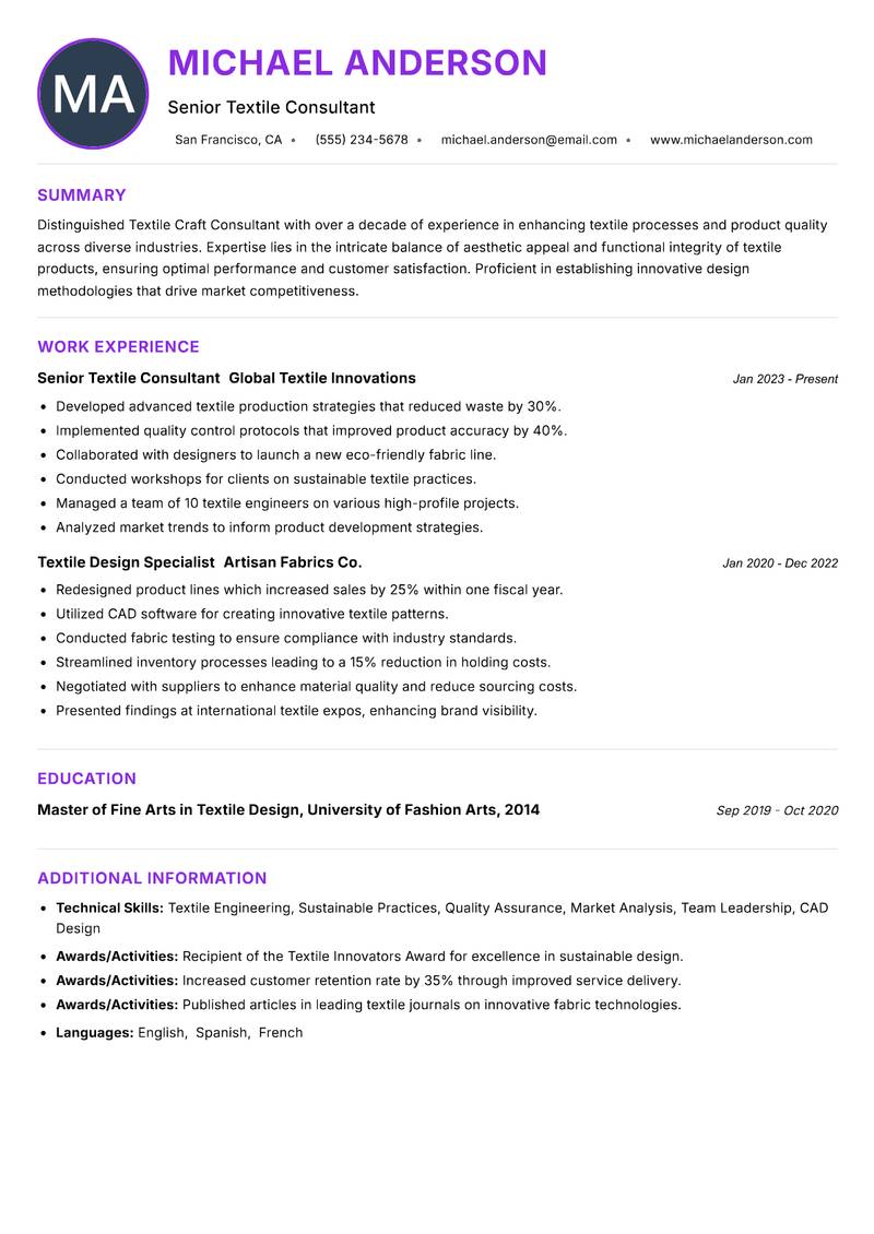 Textile Craft Consultant resume example — ATS-friendly template