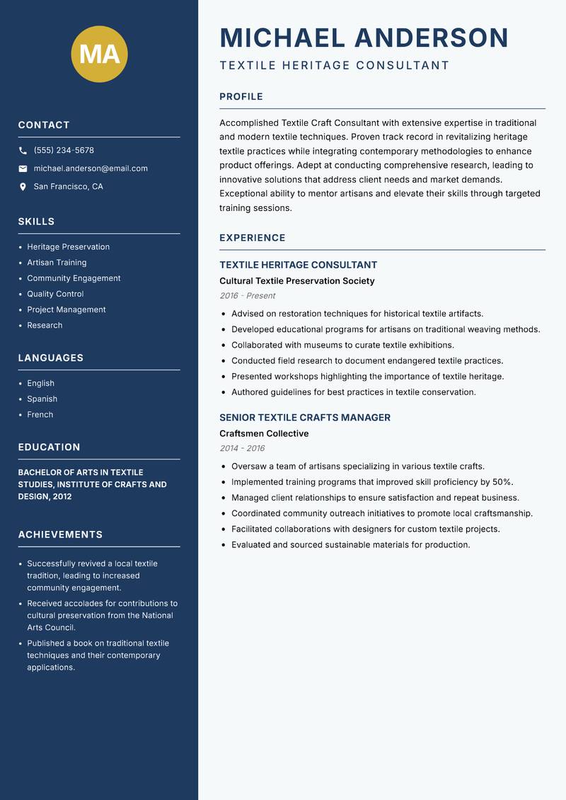 Textile Craft Consultant resume template — Classic Clean