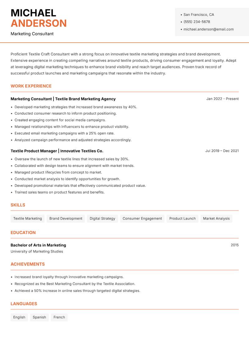Textile Craft Consultant resume template — Modern Professional