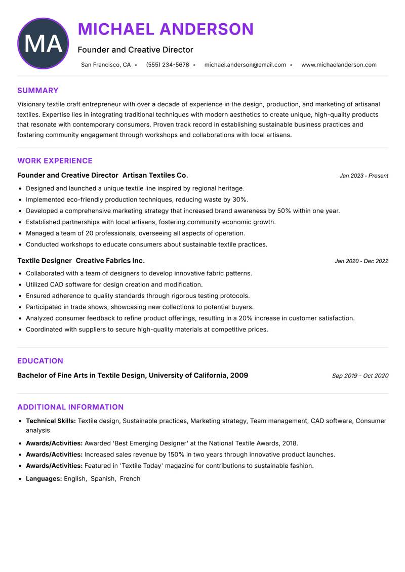 Textile Craft Entrepreneur resume example — ATS-friendly template