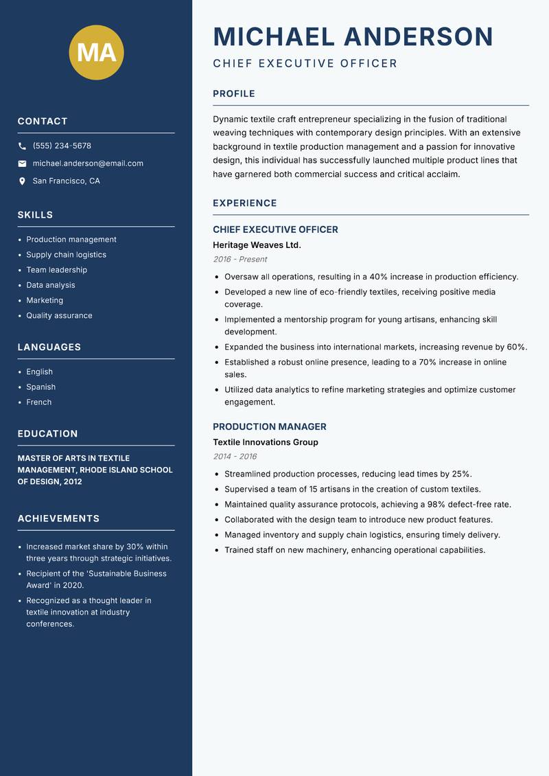 Textile Craft Entrepreneur resume template — Classic Clean