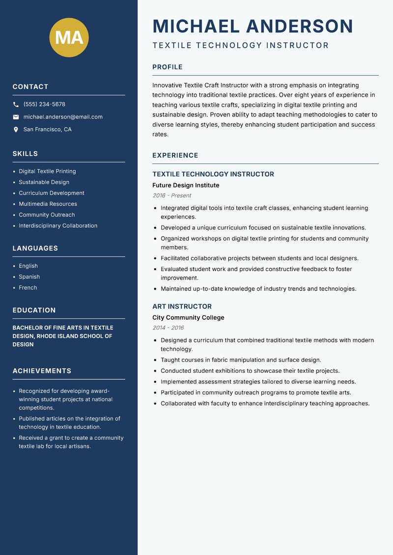 Textile Craft Instructor resume template — Classic Clean