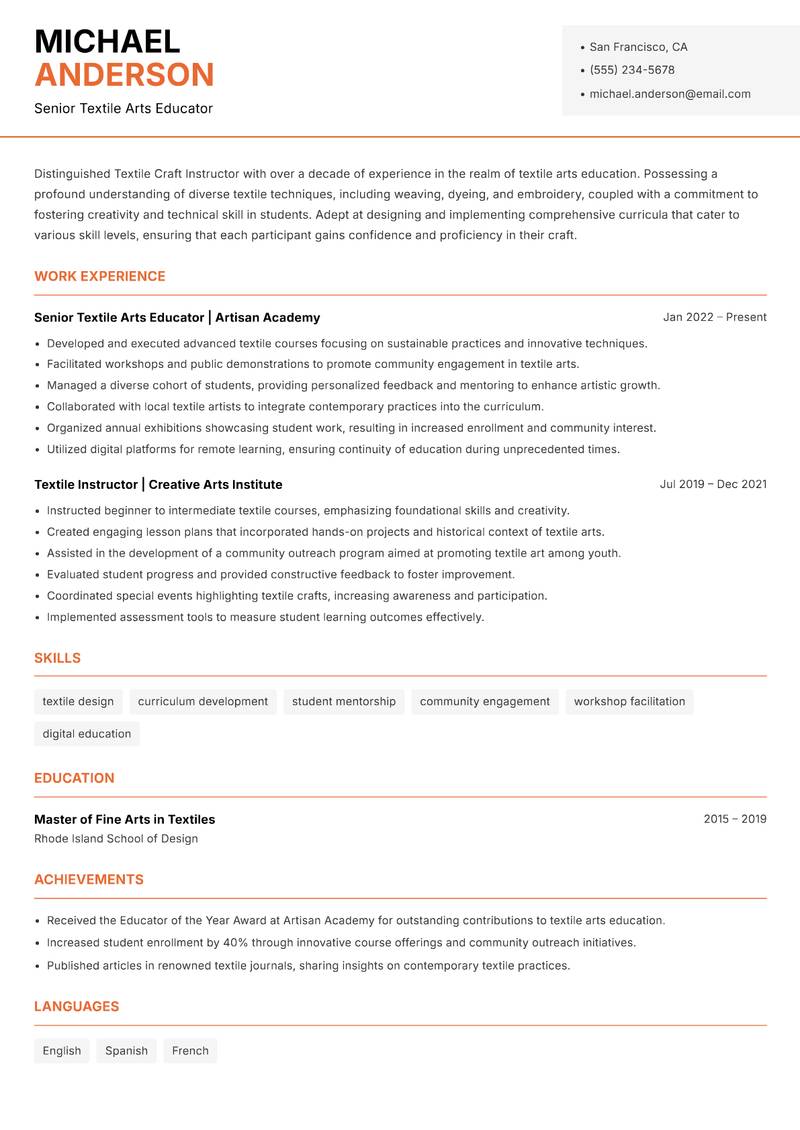 Textile Craft Instructor resume template — Modern Professional