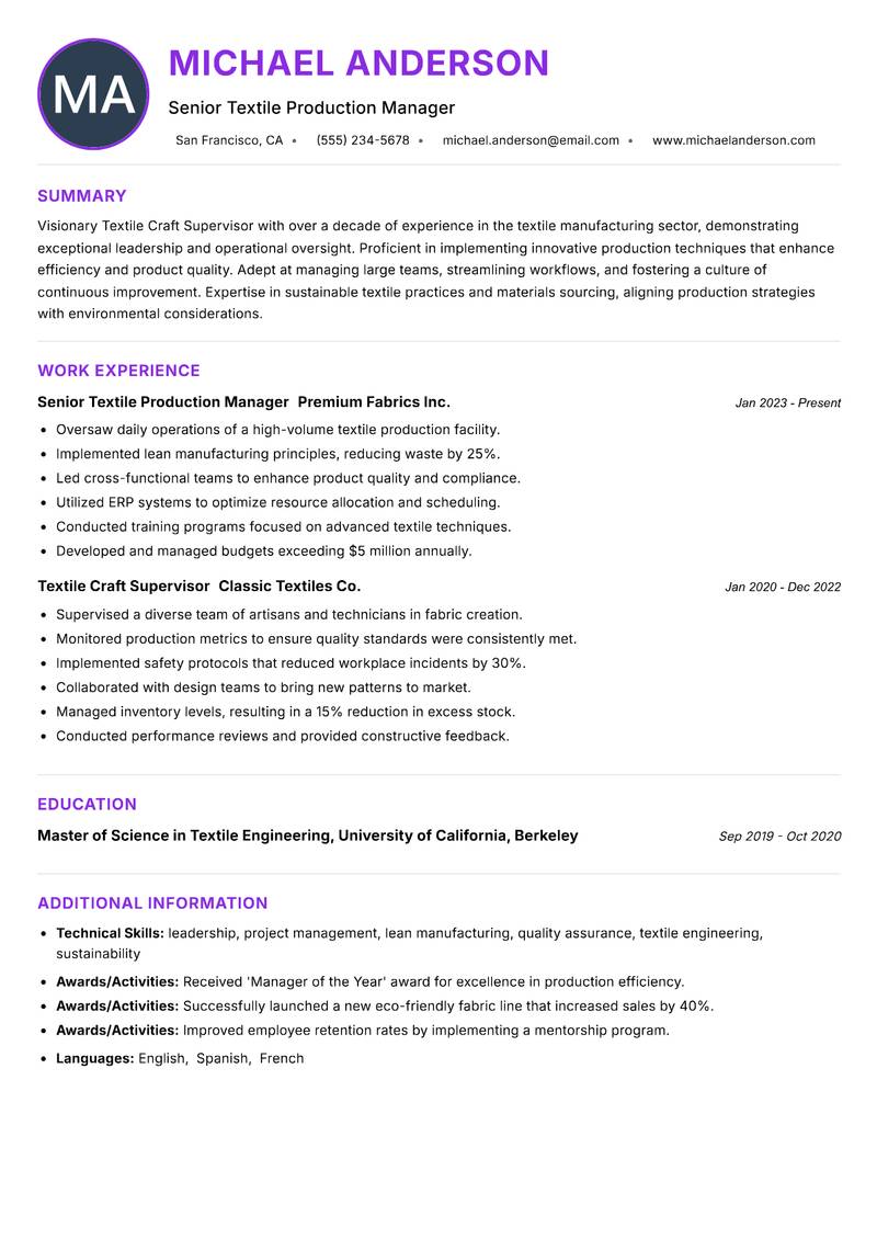 Textile Craft Supervisor resume example — ATS-friendly template