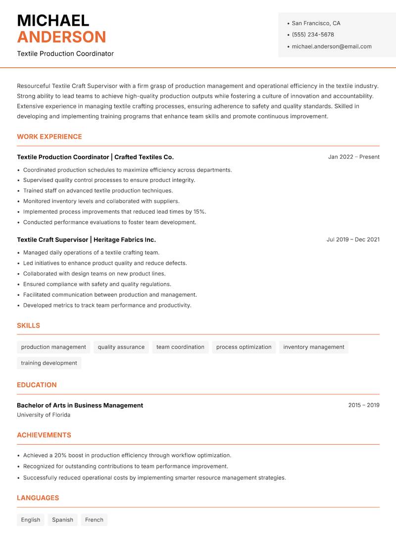 Textile Craft Supervisor resume template — Modern Professional