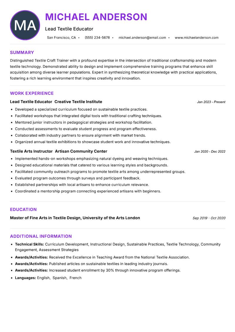 Textile Craft Trainer resume example — ATS-friendly template