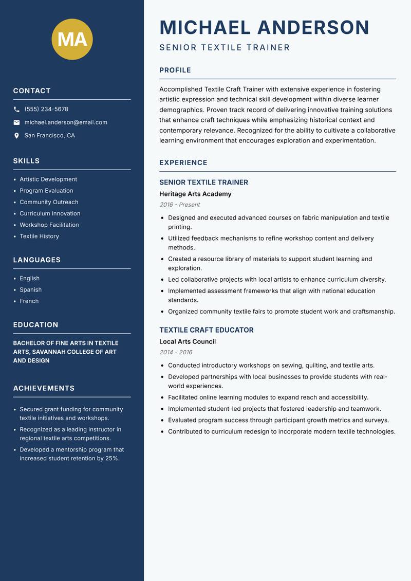 Textile Craft Trainer resume template — Classic Clean