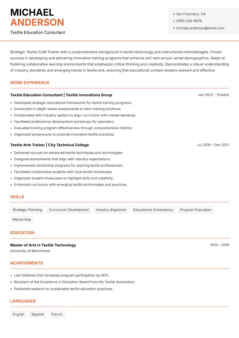Textile Craft Trainer resume template — Modern Professional