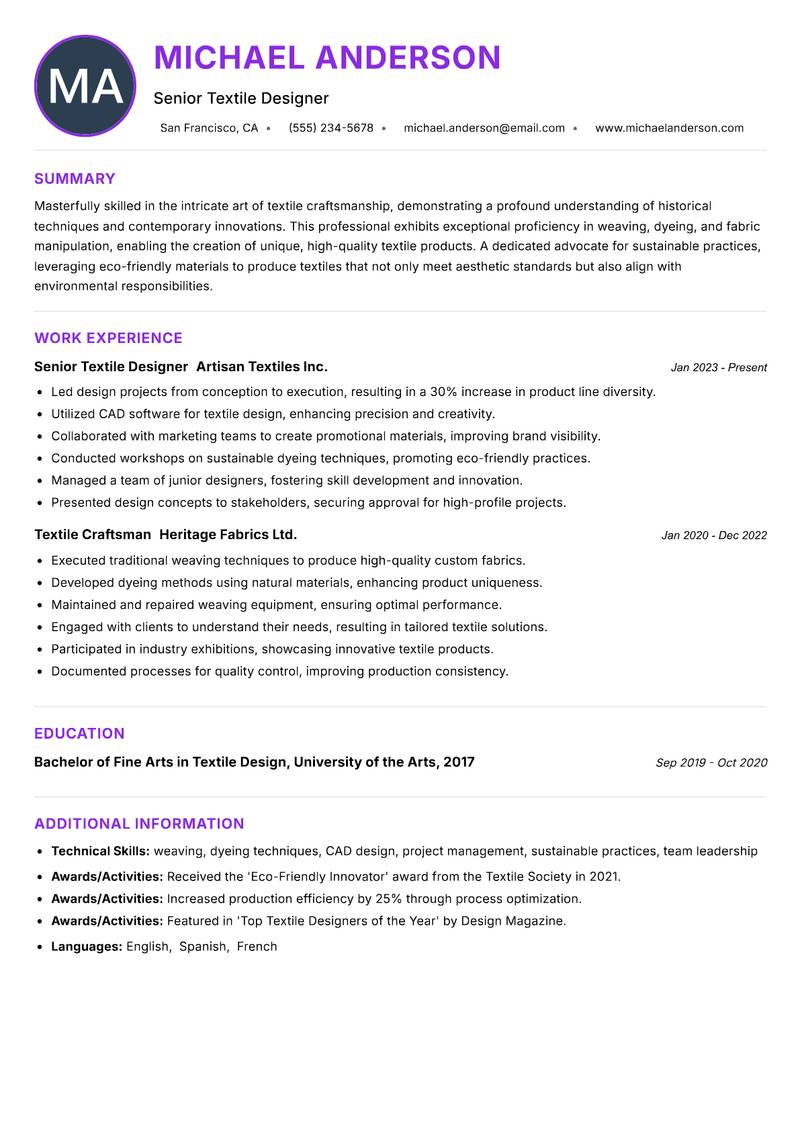 Textile Craftsman resume example — ATS-friendly template