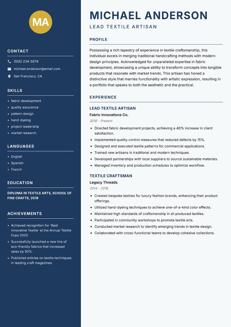 Textile Craftsman resume template — Classic Clean