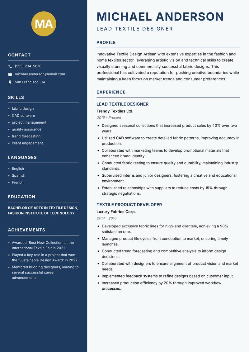 Textile Design Artisan resume template — Classic Clean