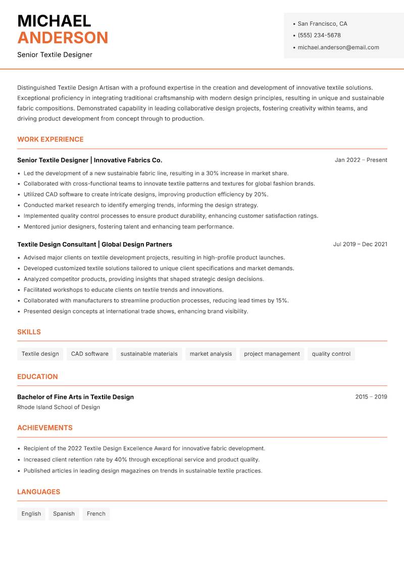 Textile Design Artisan resume template — Modern Professional