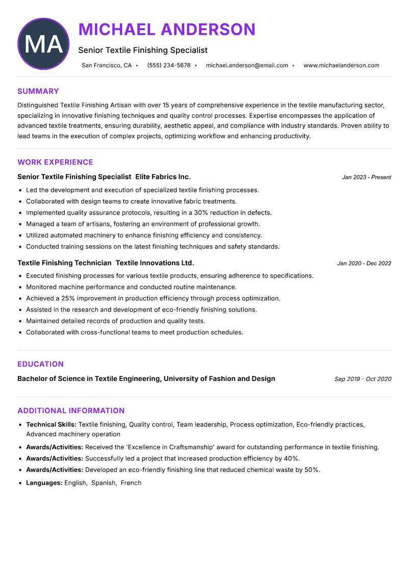 Textile Finishing Artisan resume example — ATS-friendly template
