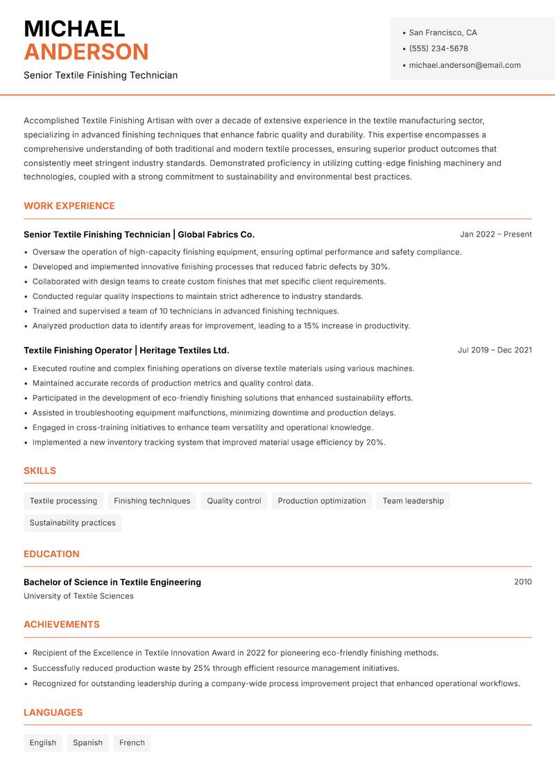 Textile Finishing Artisan resume template — Modern Professional