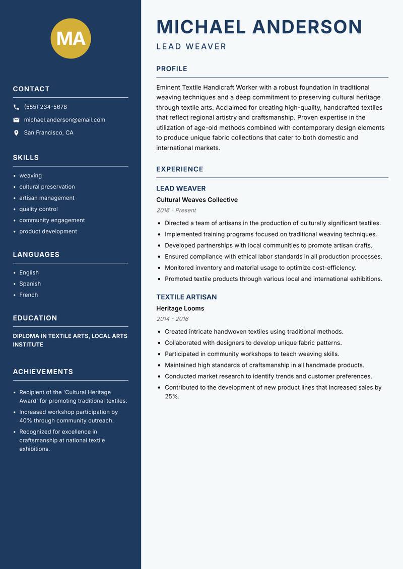 Textile Handicraft Worker resume template — Classic Clean