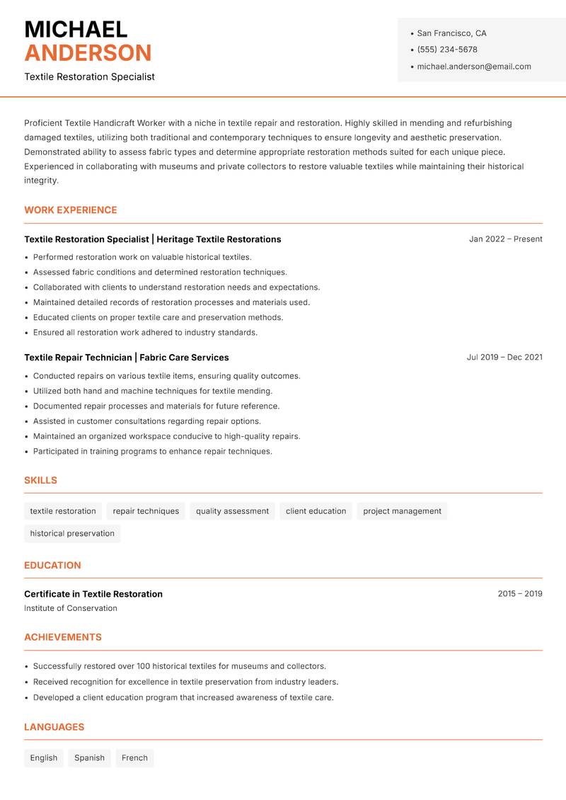 Textile Handicraft Worker resume template — Modern Professional