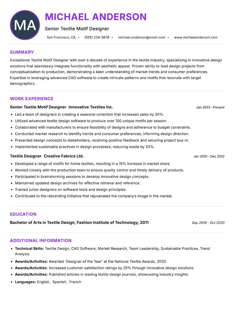 Textile Motif Designer resume example — ATS-friendly template