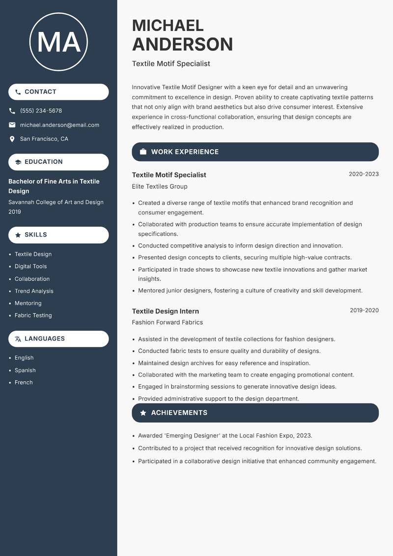 Textile Motif Designer resume template — Compact