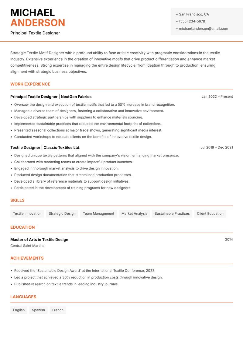 Textile Motif Designer resume template — Modern Professional