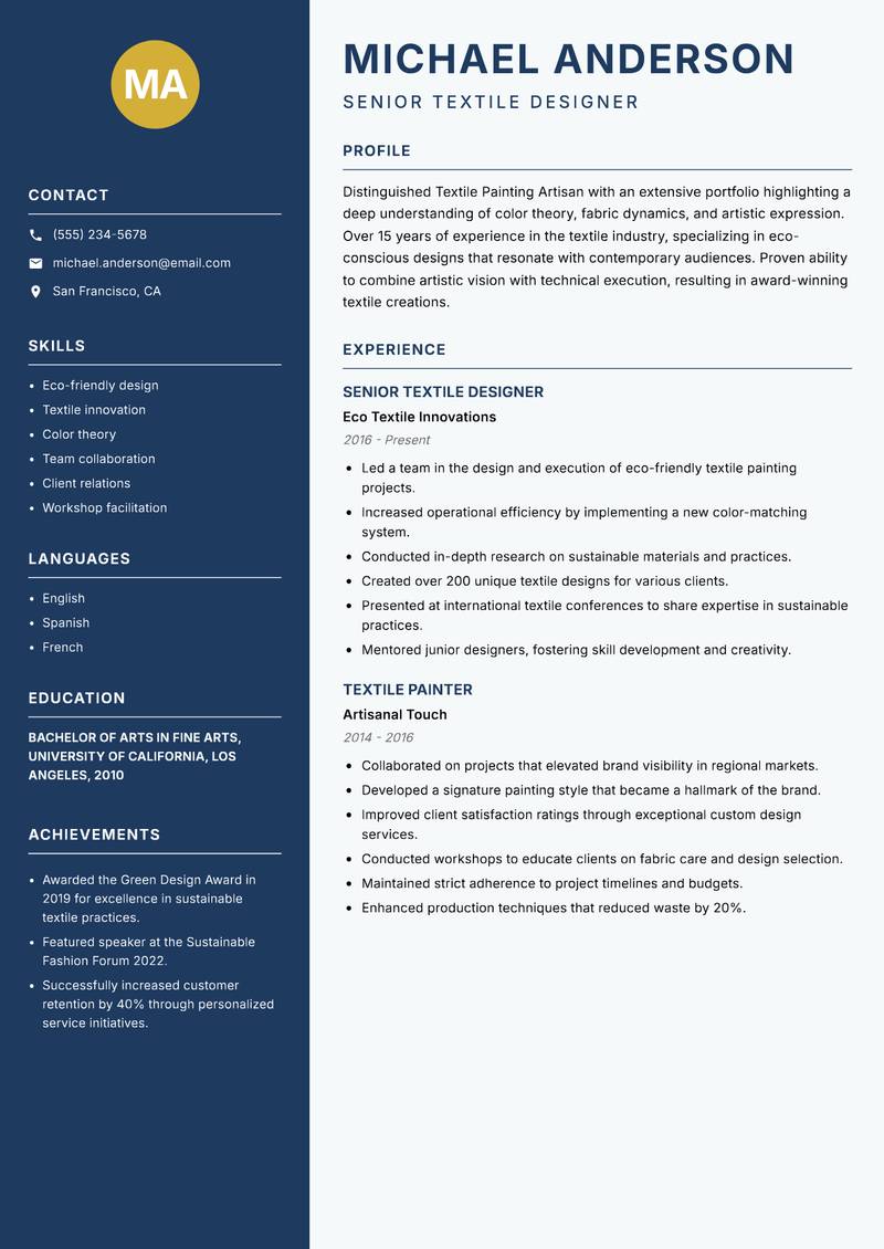 Textile Painting Artisan resume template — Classic Clean