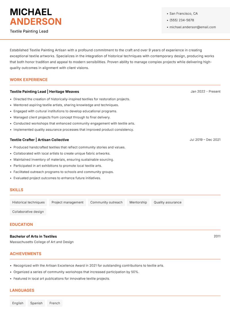 Textile Painting Artisan resume template — Modern Professional